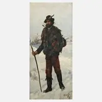 S. Teleky, Wandersmann im Schnee, Öl auf Leinwand