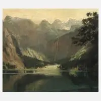 Louis Wöhner, Alpensee mit Wasserfall, Öl auf Leinwand und wohl auf Karton kaschiert