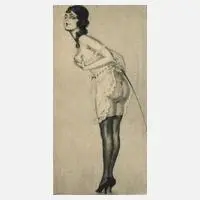 Max Brüning, Leicht bekleidete Dame mit Peitsche, Radierung mit Plattenton in grün/blau