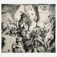 "Eifersucht" by Prof. Karl Hubbuch, Kaltnadelradierung in Dunkelgrün mit partiellem Plattenton, sold Feb 2024