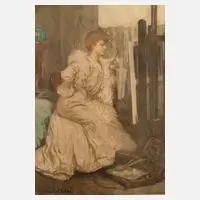 Elegante Künstlerin by Manuel Robbe, Farbradierung, sold Feb 2024