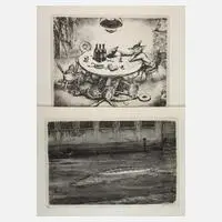 Prof. Andreas Paul Weber, Zwei Graphiken, Lithographie auf Tonplatte