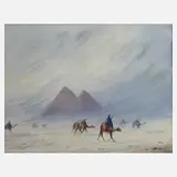 Otto Tilche, Sandsturm vor den Pyramiden, Aquarell und Kreiden