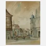 Dr. Otto Bloss, Markt in Coburg, Aquarell über Bleistift auf Papier