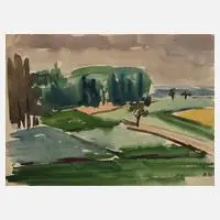Hans Manz, "Stuttgarter Land am Neckar", Aquarell über Graphit