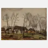 Alfred Tröger, Herbstliche Dorfansicht, Kohle und Aquarell auf leichtem Karton