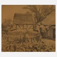 Alfred Tröger, Bauerngarten, Kohle auf gelblichem Papier