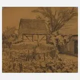 Alfred Tröger, Bauerngarten, Kohle auf gelblichem Papier
