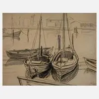 Alfred Tröger, Segelboote im Hafen, Kohle auf Papier