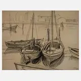 Alfred Tröger, Segelboote im Hafen, Kohle auf Papier