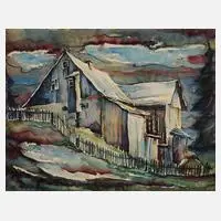 Hans Weiß-Aue, Bauernhaus im Vorfrühling, Tusche und Aquarell auf leichtem Karton