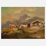 August Gerasch, Kühe auf der Alm, Öl auf Holz