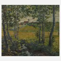 R. Mayer, Landschaft mit Kirche, Öl auf dünnem Karton