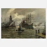 Hamburger Hafen by Wilhelm Mosblech der Jüngere, Öl auf Hartfaserplatte, sold Sep 2023