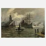Wilhelm Mosblech der Jüngere, Hamburger Hafen, Öl auf Hartfaserplatte