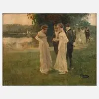 Vornehme Gesellschaft am Rheinufer by Wilhelm Schreuer, pastelltoniger, sold Sep 2023
