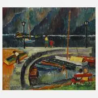 Otto Beyer, Am Bootshafen, Öl auf Leinwand