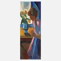 Arne A. Hansen, Mädchen mit Tulpen, Öl auf Leinwand