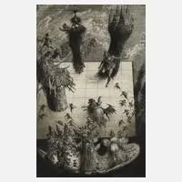 "Mat mit der schwarzen Königin" by Albín Brunovský, 1988, Radierung in Dunkelbraun, sold Sep 2023