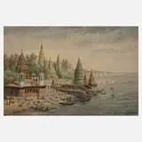 Alb. Muller-Dieudonné, Ansicht Benares/Indien, Mischtechnik auf Papier