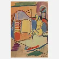 Wolfgang Leber, Akt im Interieur, Gouache auf bräunlichem Papier