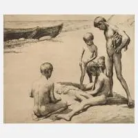 Georg Jahn, Knaben am Strand, Radierung in Braun
