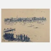 Fritz Zalisz, Regatta auf der Havel, Kreidezeichnung in Blau auf bräunlichem Papier