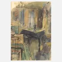 Fredo Bley, Musikzimmer von Walter Löhner, Gouache auf braunem Malpapier