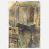 Fredo Bley, Musikzimmer von Walter Löhner, Gouache auf braunem Malpapier