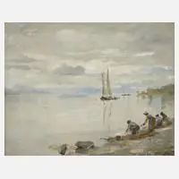Wäscherinnen am Ufer by Frédéric Dufaux, Öl auf Pappe, sold Sep 2023