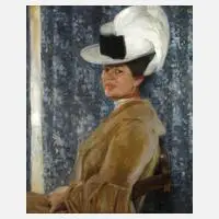 Prof. Fritz Erler, Elegante Dame mit Federhut, Öl auf Holzplatte