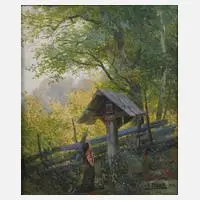 Karl Flieher, Mädchen am Marterl, 1918, Öl auf Leinwand