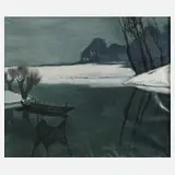 Günter Fink, Kahn am Achterwasser, Öl auf Leinwand