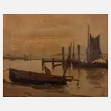 Wilhelm Hambüchen, Fischerboot im Hafen, Öl auf Leinwand