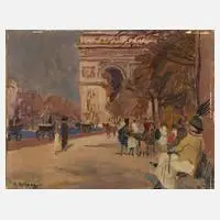 Rudolf Hellwag, Am Arc de Triomphe de l’Étoile, 1912, Öl auf Leinwand und auf Pappe kaschiert