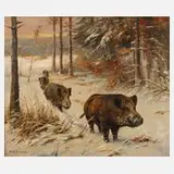 Willy Lorenz, Wildschweinrotte im Winterwald, Öl auf Leinwand