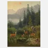 Ludwig Skell, Rotwild am See, Öl auf Holzplatte