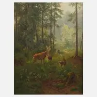Ludwig Skell, Ricke mit Kitzen am Waldesrand, Öl auf Leinwand