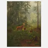 Ludwig Skell, Ricke mit Kitzen am Waldesrand, Öl auf Leinwand