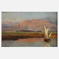 Segelboote vor Theben by Carl Wuttke, Öl auf Karton, sold Sep 2023