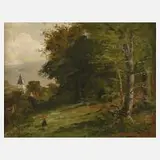 Wilhelm Carl Zimmer, Landschaft mit Dorfkirche, Öl auf Leinwand