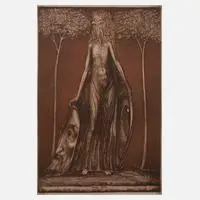 Prof. Ernst Fuchs, "Flora okuli", Radierung in Rotbraun
