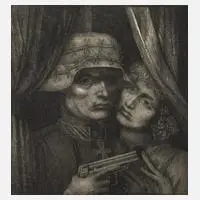 Prof. Ernst Fuchs, "Soldat und Mädchen", Radierung