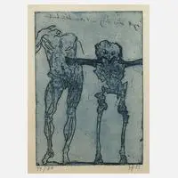 Figurative Komposition by Horst Janssen, Radierung in Blau mit kräftigem Plattenton, sold Sep 2023