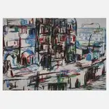 Andreas Zahlaus, "Arbeiten im Nikolaiviertel, IV", Farbradierung mit schönem gleichmäßigen Plattenton
