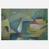 Willy Hempel, Häuser am Meer, Aquarell und Deckweiß über Graphitzeichnung