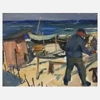 Rolf Andiel, Fischer am Strand, Öl auf Karton