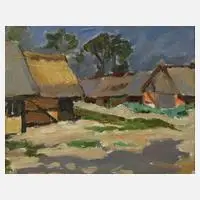 Rolf Andiel, Fischerhütten, Öl auf Karton