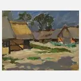 Rolf Andiel, Fischerhütten, Öl auf Karton