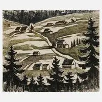 Hans Weiß-Aue, "Vorfrühling am Auersberghang", Farblinolschnitt und Monotypie